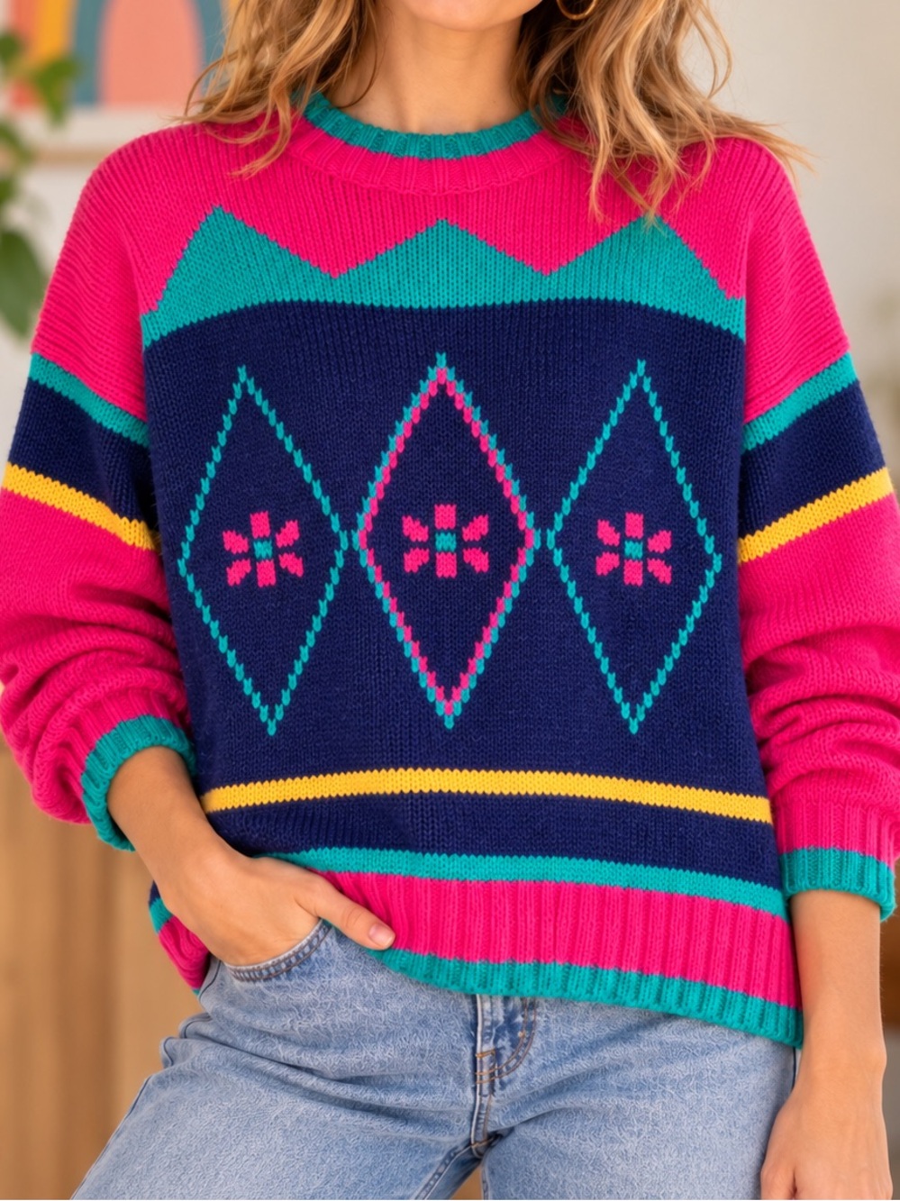 Vintage 80’s Jantzen Colorblock Floral Cotton Ramie Sweater XL Teal Hot Pink